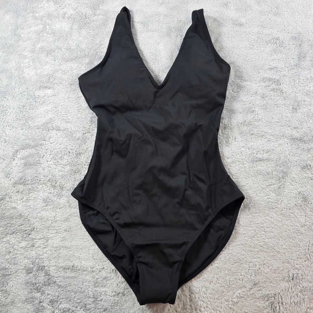 TA3 Women XS Short Black Plungey One Piece Swimsuit Sculpting Lace Up Back